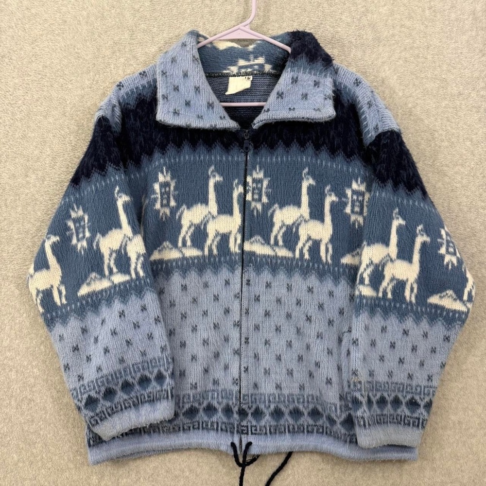 Tejidos Rumiñahui Alpaca Llama Full Zip Sweater Jacket Blue Medium